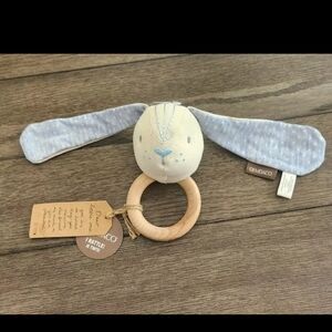 Demdaco Cream Blue Bunny Rabbit Rattle Wood Teether Baby Plush New